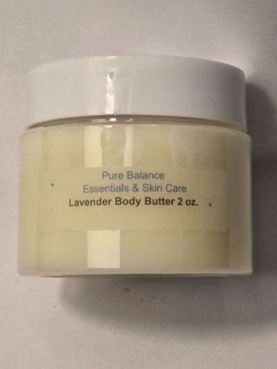 Lavender Body Butter in 2 oz jar from Pure Balance Essentials, featuring organic ingredients for moisturizing and healing.