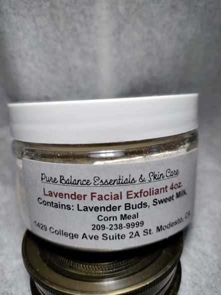 Lavender Facial Exfoliant in a 2oz jar, made with sweet milk, corn meal, and dried lavender buds.