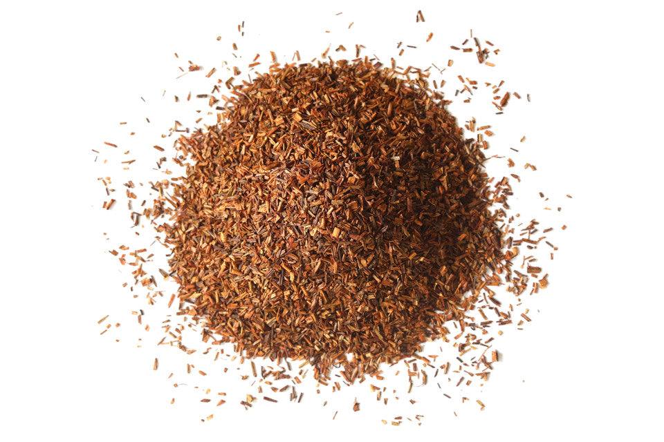Organic red rooibos tea leaves with bergamot, loose and caffeine-free herbal infusion in resealable pouch
