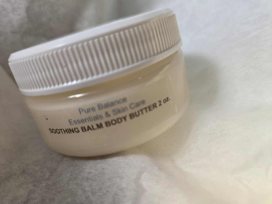 Soothing Balm Body Butter 2 oz jar with hydrating and aromatic ingredients for skin care.
