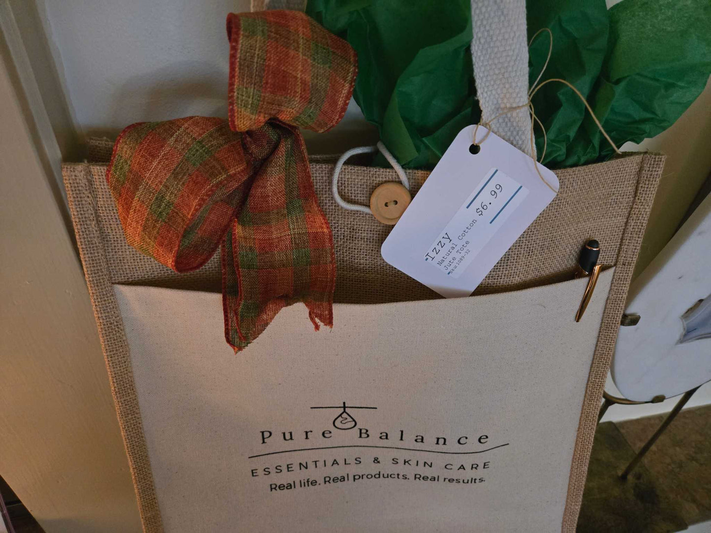 Large Pure Balance natural jute tote bag with roomy side pocket and long straps for versatile carrying